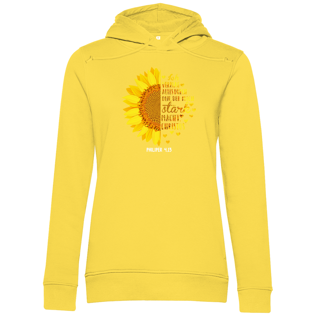 Ich bin stark durch Christus Philipper 4,13 Sonnenblume Damen Premium Bio Hoodie