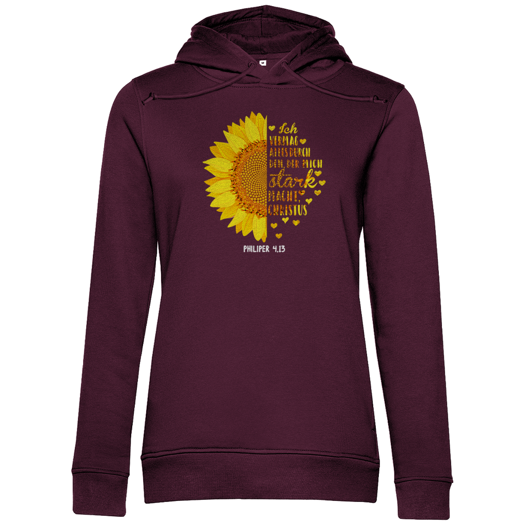 Ich bin stark durch Christus Philipper 4,13 Sonnenblume Damen Premium Bio Hoodie