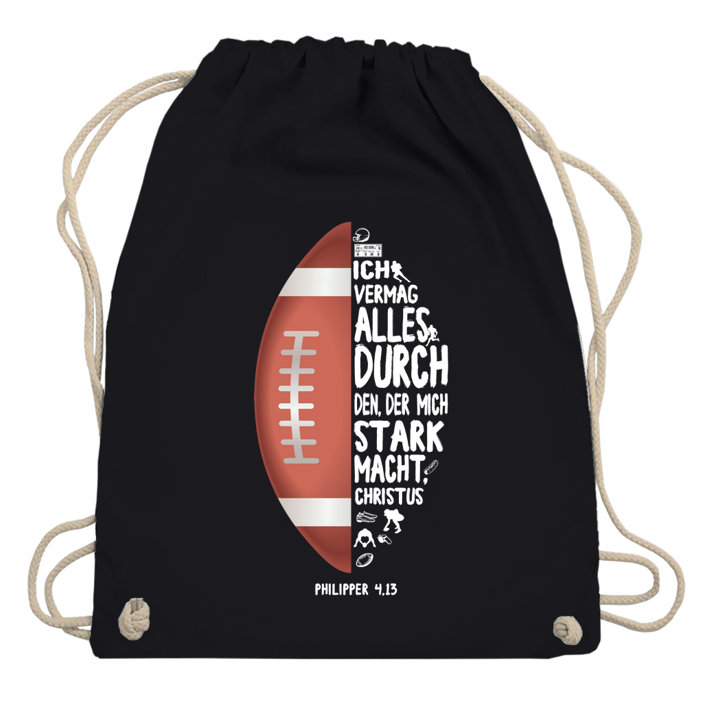 Ich bin stark durch Christus Philipper 4,13 American Football christlicher Turnbeutel